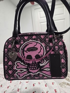 Ed Hardy Black and Pink Skull Satchel with Heart Charm